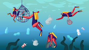 Scuba Divers Swimming in Ocean and Collecting Floating Sea Garbage in Polluted Water. Dirty Underwater Surface, Planet Pollution, Divers Characters Cleaning Trash. Cartoon Flat Vector Illustration