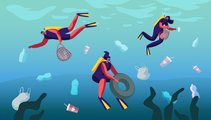 Plastic Pollution of Sea with Different Kinds of Garbage. Scuba Divers Collect Trash into Basket Underwater. Wastes Floating in Ocean Water. Ecology Protection Concept Cartoon Flat Vector Illustration