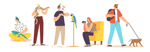 Male and Female Characters with Exotic Pets Lizard, Snake, Monkey and Spider with Parrot. People Care of Tropical Animals, Birds and Insects. Human and Wild Creatures. Cartoon Vector Illustration