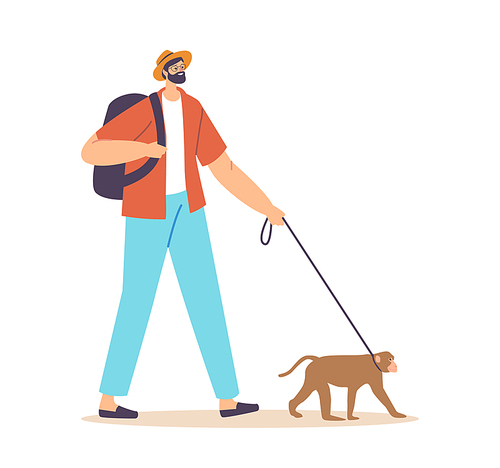 Male Character Walking with Monkey on Leash. Traveler or Tourist with Backpack and Ape Pet Isolated on White Background. Care of Wild Animal, People Exotic Pet Concept. Cartoon Vector Illustration