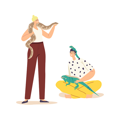 People Care of Tropical Animals Concept. Male Female Characters with Exotic Pets Lizard and Snake. Human and Wild Creatures Varan and Python Isolated on White Background. Cartoon Vector Illustration