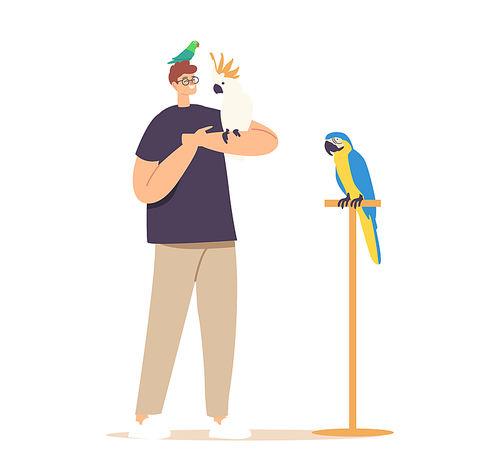 People and Exotic Pets Concept. Young Male Character with Different Parrots Isolated on White Background. Owner Spend Time with Tropical Birds Sitting on Hands and Head. Cartoon Vector Illustration