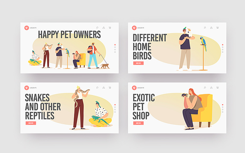 Happy Pet Owners Landing Page Template Set. Characters with Exotic Pets Lizard, Snake, Monkey and Spider with Parrot. People Care of Tropical Animals, Birds and Insects. Cartoon Vector Illustration