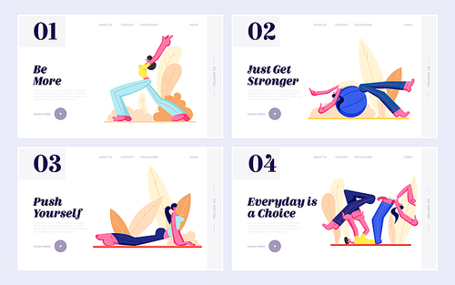 Set of Website Landing Page and Web Page Templates, Male and Female Characters Fitness Workout and Healthy Lifestyle, Sportswomen and Couple Engage Aerobics, Cartoon Flat Vector Illustration, Banner