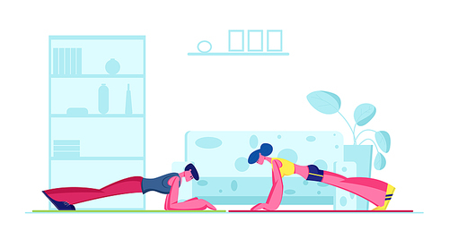 Young Fit Sporty Woman and Man Doing Plank at Home. Family Couple Hard Difficult Fitness Exercise or Push Press Ups. Sports Training Endurance, Healthy Sport Workout. Cartoon Flat Vector Illustration