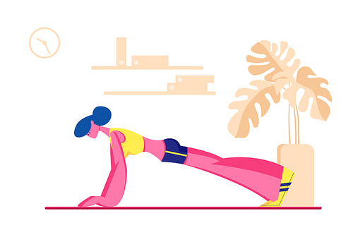 Female Character in Perfect Physical Shape Doing Fitness, Yoga or Aerobics Exercises at Home, Plank Training for Good Feeling and Healthy Life, Woman Engage Sport. Cartoon Flat Vector Illustration