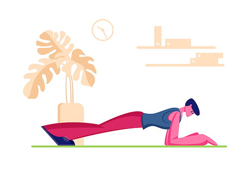 Young Man Practicing Sports Activity at Home. Male Character Stand in Plank Posture Stretching Legs and Arms. Flexibility Exercise Body Relaxation Healthy Lifestyle. Cartoon Flat Vector Illustration