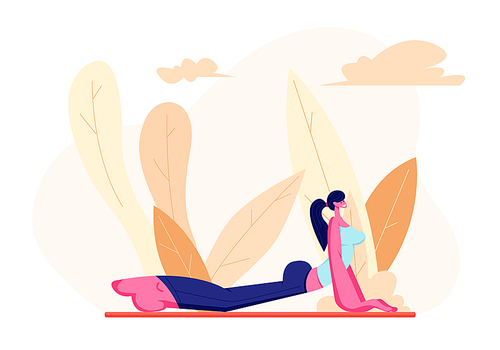 Female Character in Perfect Physical Shape Doing Fitness, Yoga or Aerobics Exercises on Nature, Aerobic Training for Good Feeling and Healthy Life, Woman Engage Sport. Cartoon Flat Vector Illustration