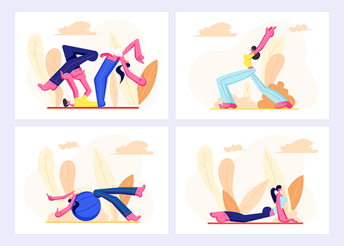 People Set in Sports Wear Engage Fitness, Aerobics Outdoors, Man and Women Healthy Sport Lifestyle, Characters Pilates Workout, Girl Training on Fitball Healthy Life Cartoon Flat Vector Illustration