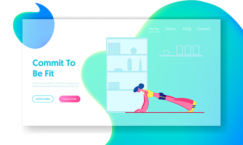 Woman Engage Sport Website Landing Page. Girl Doing Fitness, Yoga or Aerobics Exercises at Home, Plank Training for Good Feeling and Healthy Life Web Page Banner. Cartoon Flat Vector Illustration