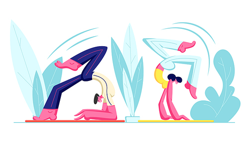 Couple of Young Man and Woman Characters Working Out Yoga Exercises Doing Advanced Inversion and Arm Balance Scorpion Handstand Vrischikasana, Healthy Sport Activity. Cartoon Flat Vector Illustration