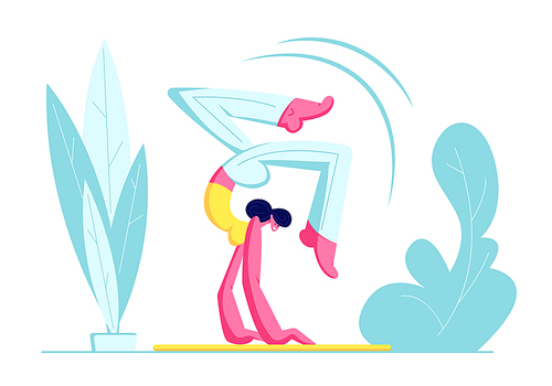 Young Woman in Sportswear Doing Yoga or Pilates Exercise Keeping Balance Standing on Hands in Scorpion Pose, Vrischikasana. Active Girl Female Character at Yoga Class. Cartoon Flat Vector Illustration