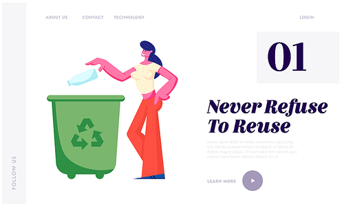 Female Character Throwing Trash into Litter Bin Container with Recycling Sign. Ecology Protection, Earth Pollution Problem, Website Landing Page, Web Page Cartoon Flat Vector Illustration, Banner