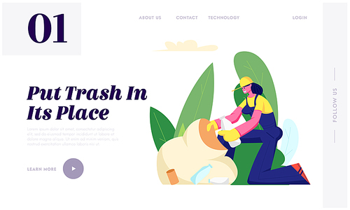 Ecology Protection, Volunteer Woman Collecting Trash to Sack Cleaning Garbage in Park. Volunteering, Charity Social Concept, Website Landing Page, Web Page. Cartoon Flat Vector Illustration, Banner