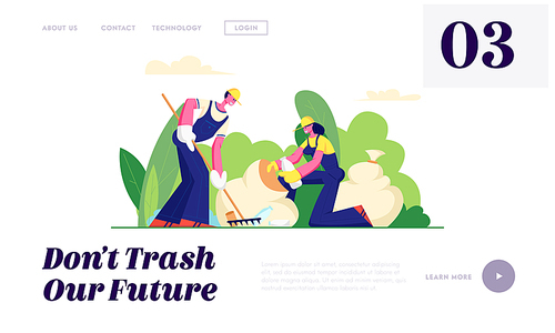 Ecology Protection, Volunteer People Cleaning Garbage in City Park. Volunteering, Men and Women Collect Trash to Sacks, Charity Website Landing Page, Web Page. Cartoon Flat Vector Illustration, Banner