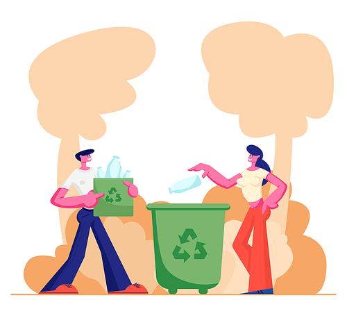 People Throw Garbage into Containers and Bags with Recycle Sign. Collecting Trash, Recycling, Environmental Pollution Problem, Ecology Protection, Reduce Plastic. Cartoon Flat Vector Illustration