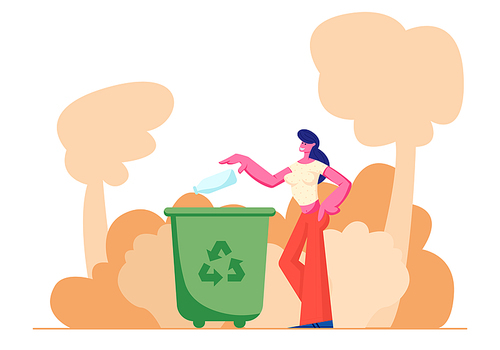 Female Character Throwing Trash into Litter Bin Container with Recycling Sign. Ecology Protection, Earth Pollution Problem, Woman Eco Activist, Plastic Reuse Solution Cartoon Flat Vector Illustration