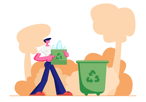 Young Man Carry Bag with Recycle Sign Full of Plastic Bottles Trash to Litter Bin on Street, Stop Pollution Concept, Ecology Protection Problem, Recycling Solution. Cartoon Flat Vector Illustration