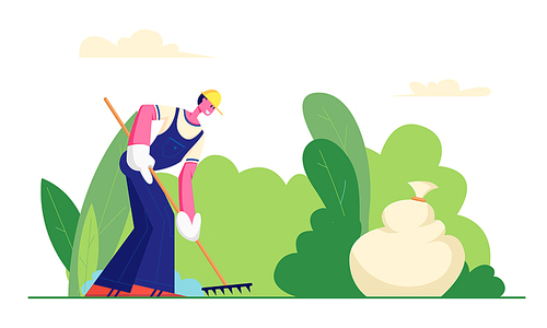 Volunteer Male Character in Working Overall Cleaning Garbage in City Park Area Racking Ground, Collecting Trash to Sack. Volunteering Man, Charity, Ecology Protection. Cartoon Flat Vector Illustration