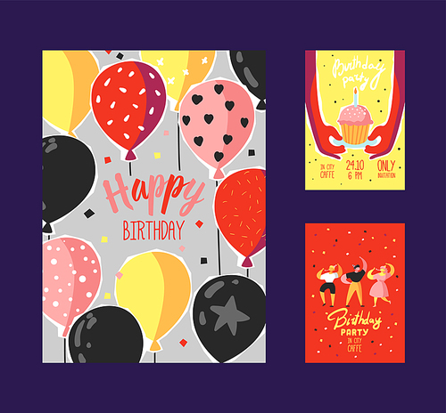 Happy Birthday Greeting Card, Poster, Banner, Invitation with Celebrating People, Confetti, Balloons and Cake. Vector illustration