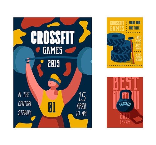 Fitness Workout Gym Poster, Placard, Invitation. Crossfit Banner, Flyer with Strong Man Character. Motivational Sport Event Design Template. Vector illustration