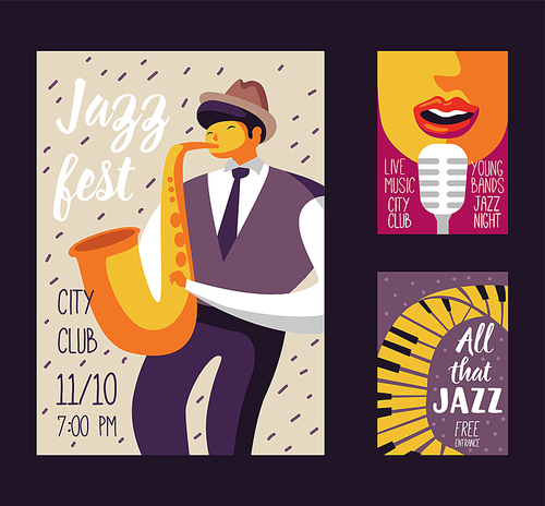 Jazz Music Festival Poster Template, Flyer, Placard. Musical Concert Event Banner with Musician and Singer. Vector illustration