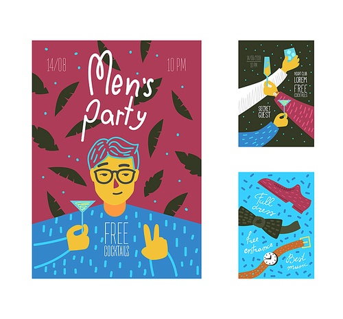 Mens Party Poster, Banner Template. Cocktail Event Invitation with Characters and Beverages. Vector illustration