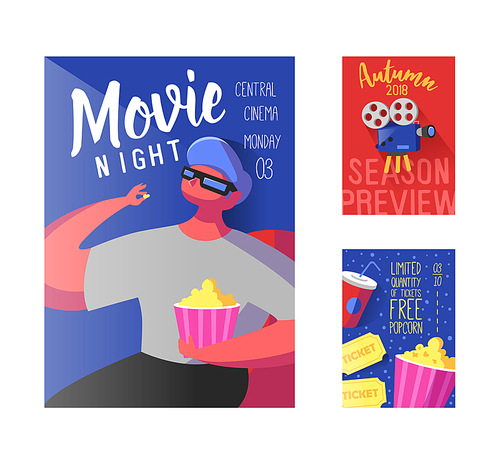 Cinema Movie Poster, Banner, Placard Template. Film Reel, Tickets, Pop Corn and Flat Character. Vector illustration