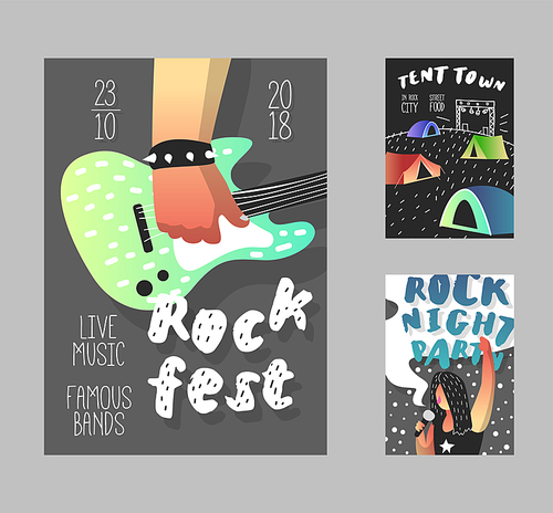 Rock Festival Poster. Music Fest Banner Template, Brochure, Placard, Flyer with Guitar, Punk and Tent Town. Vector illustration