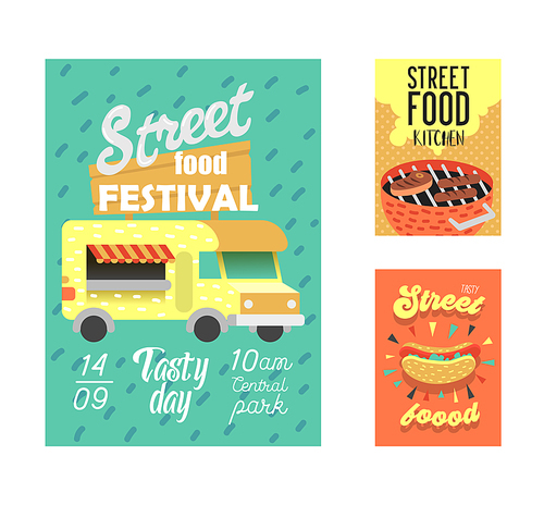 Street Food Festival Poster. Fastfood Outdoor Event Invitation, Placard, Brochure, Banner Template with Van and BBQ. Vector illustration