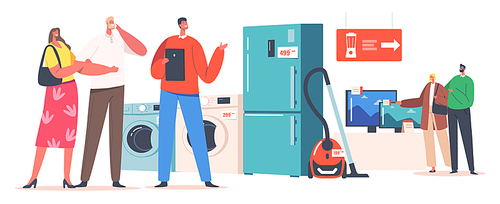 Family Buying Household Goods Concept. Married Couples Characters Purchase Appliances in Electronics Store with Help of Consultant. Consumers Choose Home Technics. Cartoon People Vector Illustration