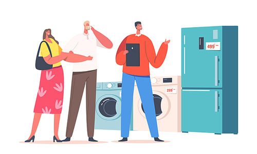 Man and Woman Choose Refrigerator with Seller Support in Electronic Mall. Family Buying Household Goods Concept. Characters Purchase Appliances in Electronics Store. Cartoon People Vector Illustration