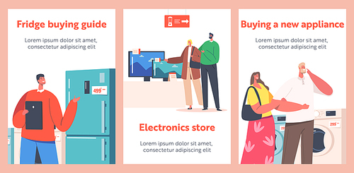Family Buying Household Goods Cartoon Posters. Married Couples Characters Purchase Appliances in Electronics Store with Help of Consultant. Consumers Choose Home Technics. People Vector Illustration