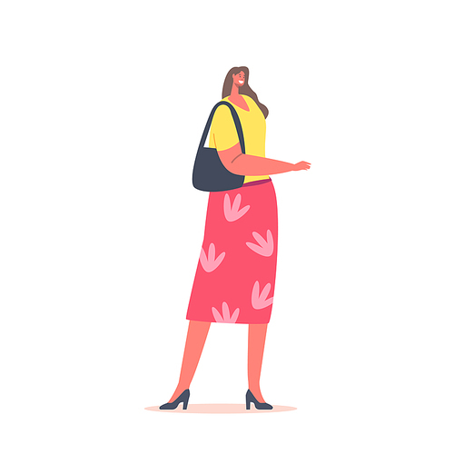 Stylish Woman Wearing Fashion Outfits Pink Skirt with Floral Print and Yellow Blouse and Hand Bag with Heeled Shoes. Young Female Character in Modern Summer Casual Clothes. Cartoon Vector Illustration