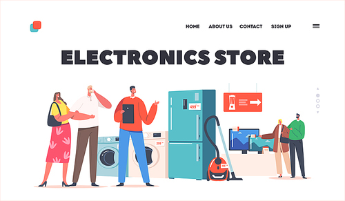 Electronics Store Landing Page Template. Family Buying Household Goods, Couples Characters Purchase Appliances with Consultant Help. Consumers Choose Home Technics. Cartoon People Vector Illustration