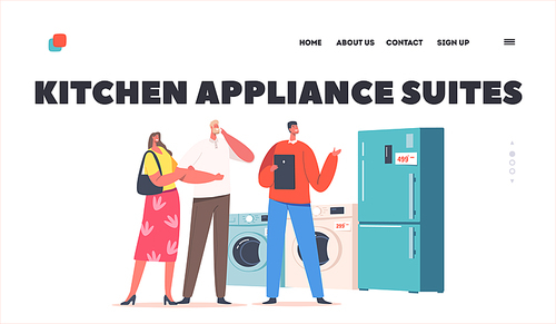 Family Buying Household Goods Landing Page Template. Man and Woman Choose Refrigerator in Electronic Mall. Characters Purchase Appliances in Electronics Store. Cartoon People Vector Illustration