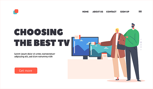 Husband and Wife Choosing Tv Set Landing Page Template. Family Buying Household Goods for Home. Male and Female Characters Purchase Appliances in Electronics Store. Cartoon People Vector Illustration
