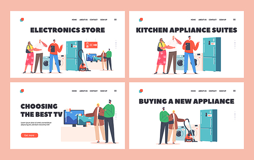 Electronics Store Landing Page Template Set. Family Buy Household Goods, Couples Characters Purchase Appliances with Consultant Help. Consumers Choose Home Technics. Cartoon People Vector Illustration