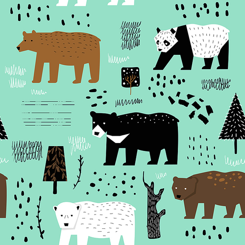 Seamless Pattern with Cute Bears. Childish Animals Background for Fabric Textile, Wallpaper, Wrapping Paper, Decoration. Vector illustration
