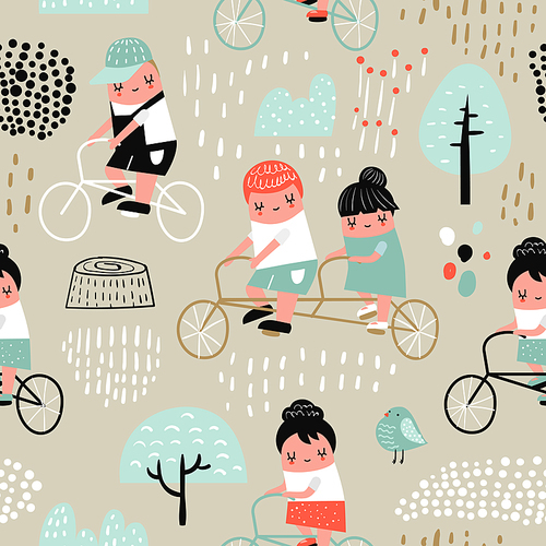 hand drawn seamless pattern with kids on bicycle. creative childish  with cute boys and girls on bikes for fabric, textile, wallpaper, decoration, prints. vector illustration