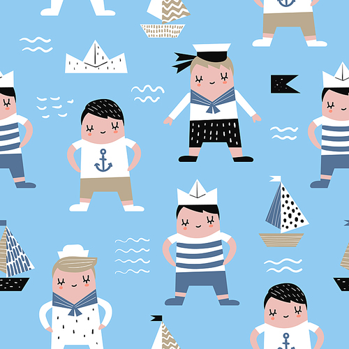 childish seamless pattern with sailor boy. children marine  with boats for fabric, , wrapping, wallpaper. vector illustration