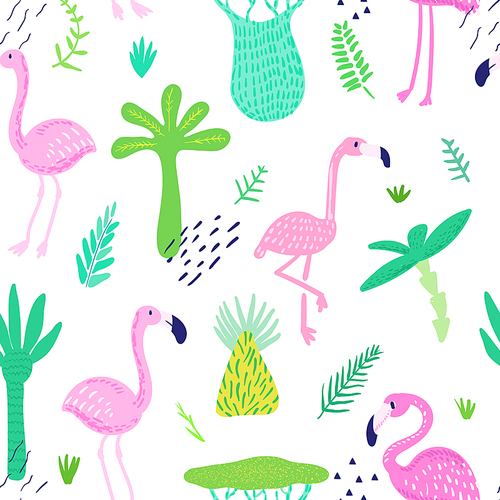 tropical seamless pattern with cute flamingo and palm leaves. childish summer  for wallpaper, fabric, wrapping paper, decoration. vector illustration