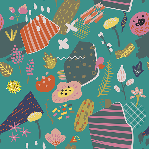 childish floral seamless pattern with flowers, plants and abstract elements. hand drawn flourish  for fabric textile, wallpaper, wrapping paper. vector illustration