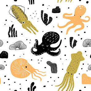 Seamless Pattern with Cute Octopus. Childish Underwater Creatures Background for Fabric Textile, Wallpaper, Wrapping Paper. Vector illustration