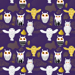 Owls Seamless Pattern in Childish Style. Kids Background with Cute Birds and Abstract Elements for Fabric Textile, Wallpaper, Decoration. Vector illustration