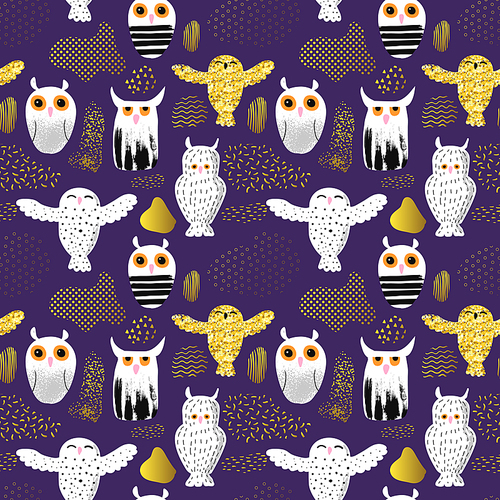 Owls Seamless Pattern in Childish Style. Kids Background with Cute Birds and Abstract Elements for Fabric Textile, Wallpaper, Decoration. Vector illustration