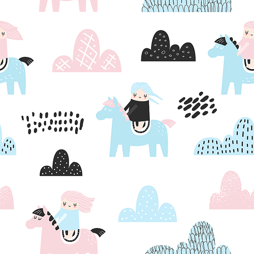 Childish Seamless Pattern with Cute Girls, Clouds and Pony. Creative Kids Background for Fabric, Textile, Wallpaper, Wrapping Paper. Vector illustration