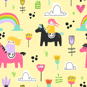 Childish Seamless Pattern with Cute Girls on Pony, Rainbow and Flowers. Creative Kids Background for Fabric, Textile, Wallpaper, Wrapping Paper. Vector illustration