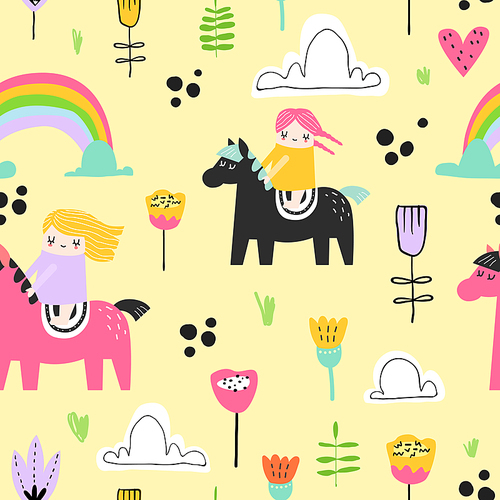 Childish Seamless Pattern with Cute Girls on Pony, Rainbow and Flowers. Creative Kids Background for Fabric, Textile, Wallpaper, Wrapping Paper. Vector illustration