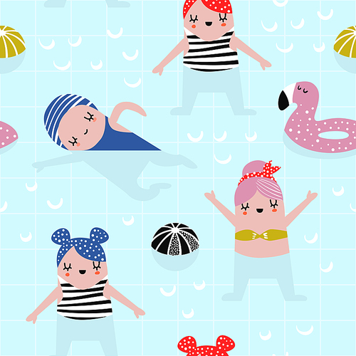 summer childish seamless pattern with cute girls in swimming pool. creative kids  for fabric, textile, wallpaper, wrapping paper. vector illustration